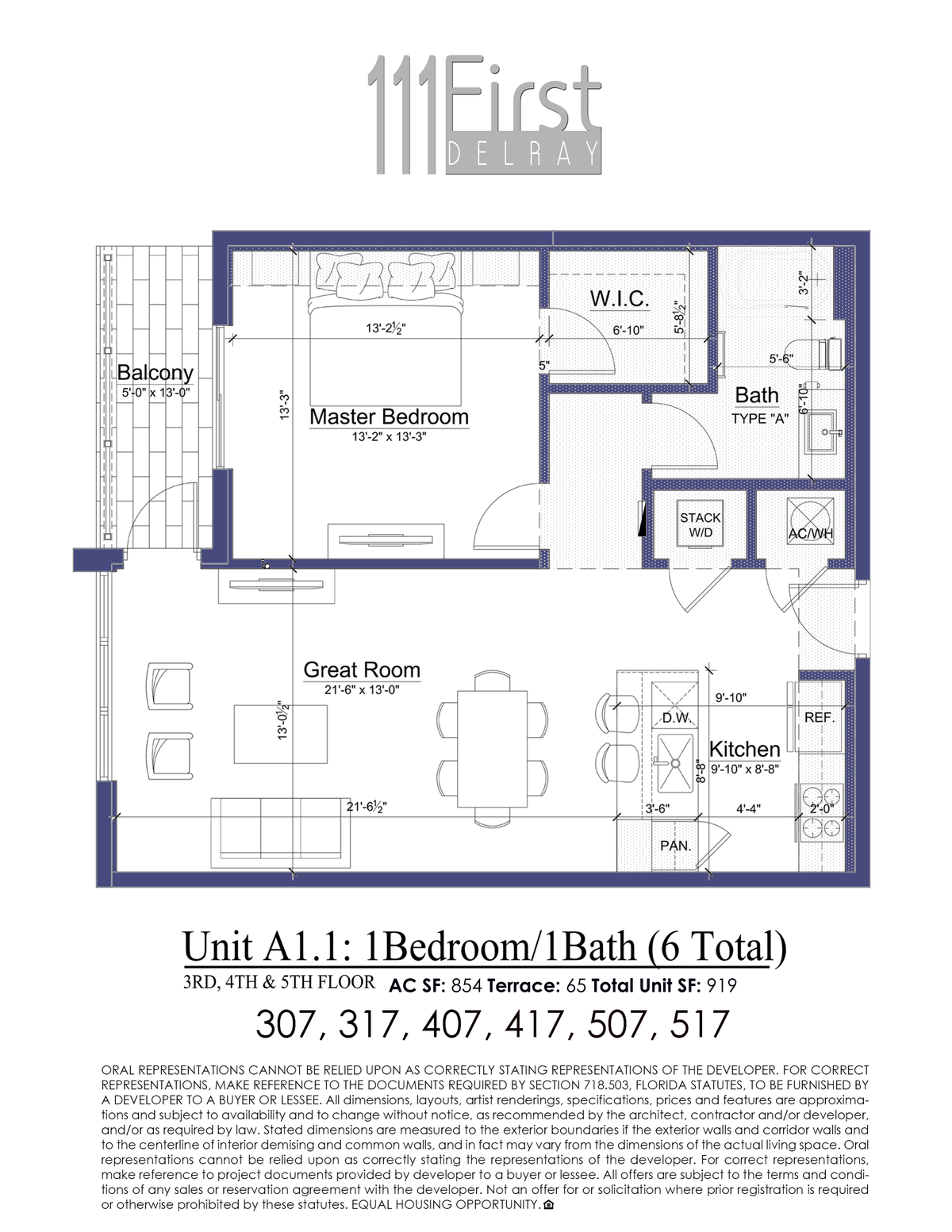 111 First Delray Unit A1.1 One Bedroom One Bath Floor Plan